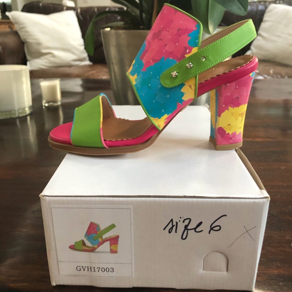 Colorblock Floral Slingback Heels in Pink, Green & Blue Grape Vine